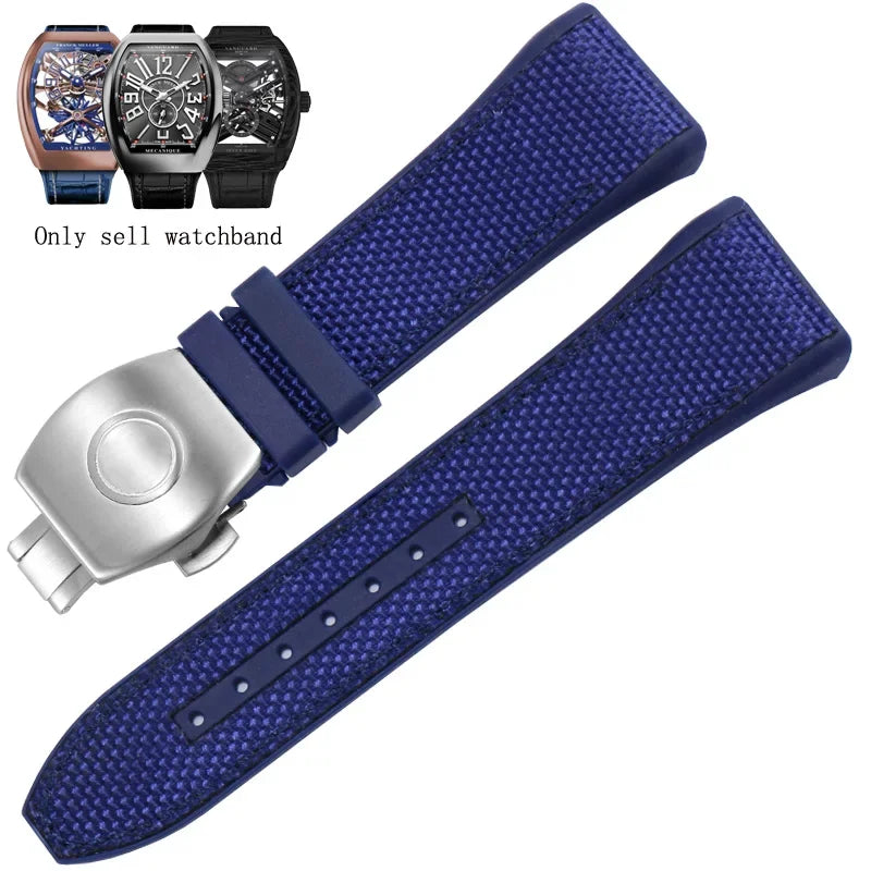 Bracelet de montre pliable en nylon et cuir véritable, bracelet de montre en silicone, noir, bleu, haute qualité, compatible avec Franck Muller, série V45, 28mm
