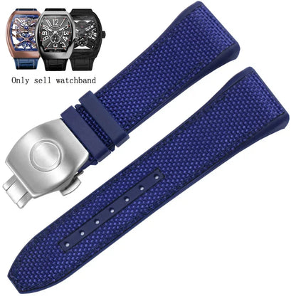 Bracelet de montre pliable en nylon et cuir véritable, bracelet de montre en silicone, noir, bleu, haute qualité, compatible avec Franck Muller, série V45, 28mm