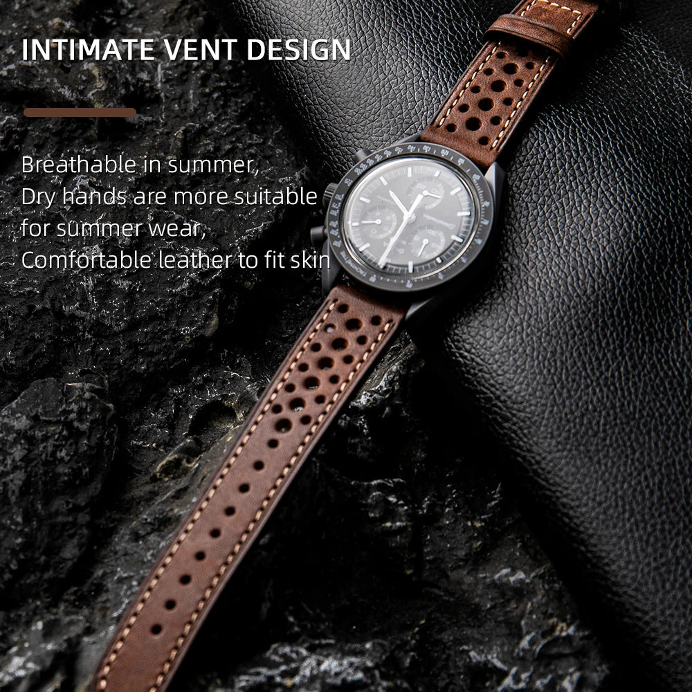 Men's Cowhide Leather Watch Strap, Handmade Top Layer, Italian Genuine Leather 18 19 20 21 22MM, Breathable Hole Design, Vintage