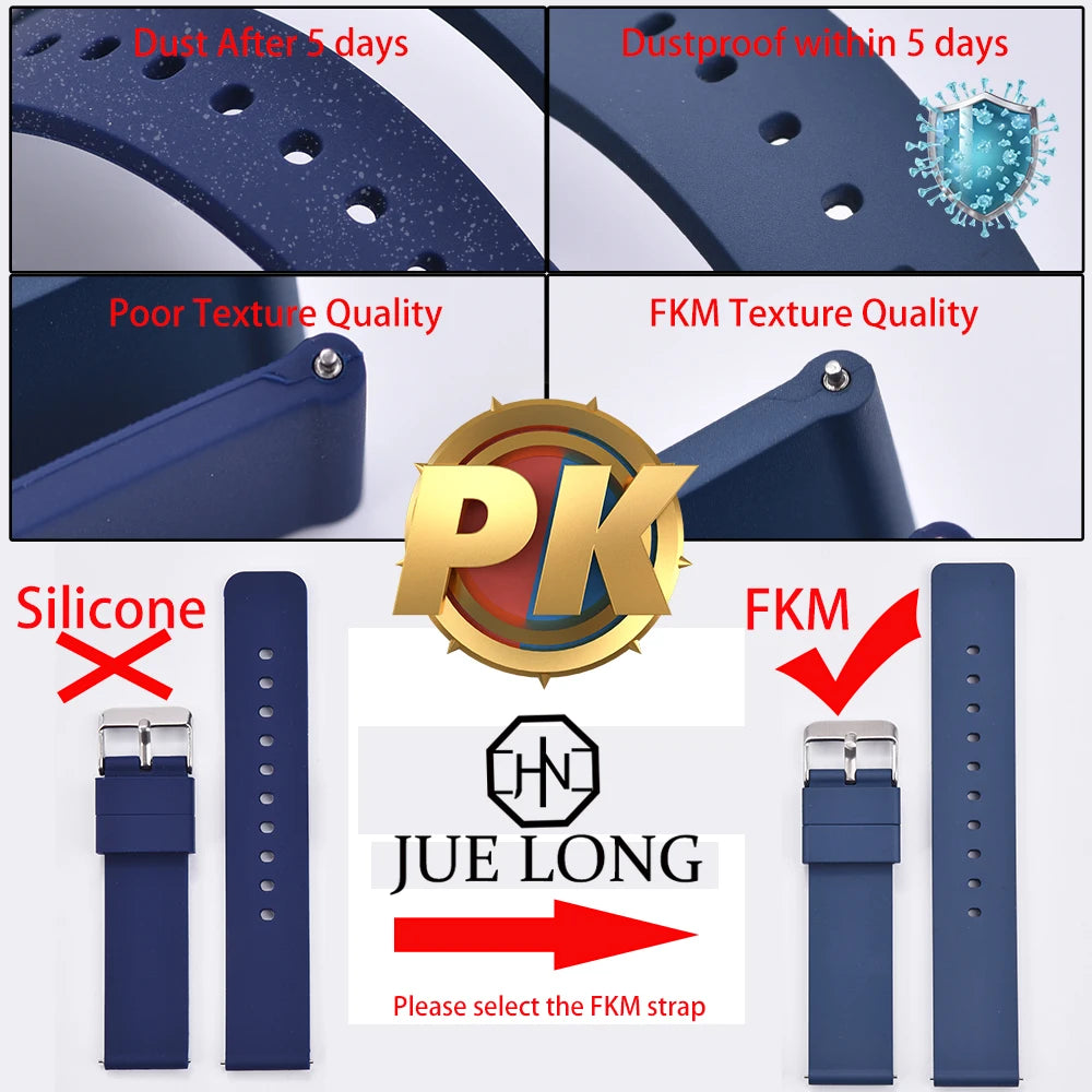 Premium quality smooth flat FKM rubber watch strap 16mm 18mm 20mm 22mm 24mm quick release soft rubber watch straps