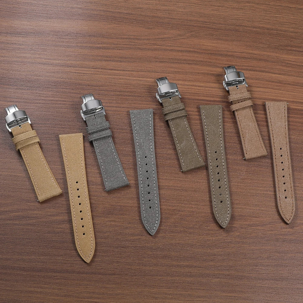 Bracelet de montre en toile haute densité 20 mm 22 mm, bracelet de montre rétro en cuir et tissu avec boucle papillon à dégagement rapide