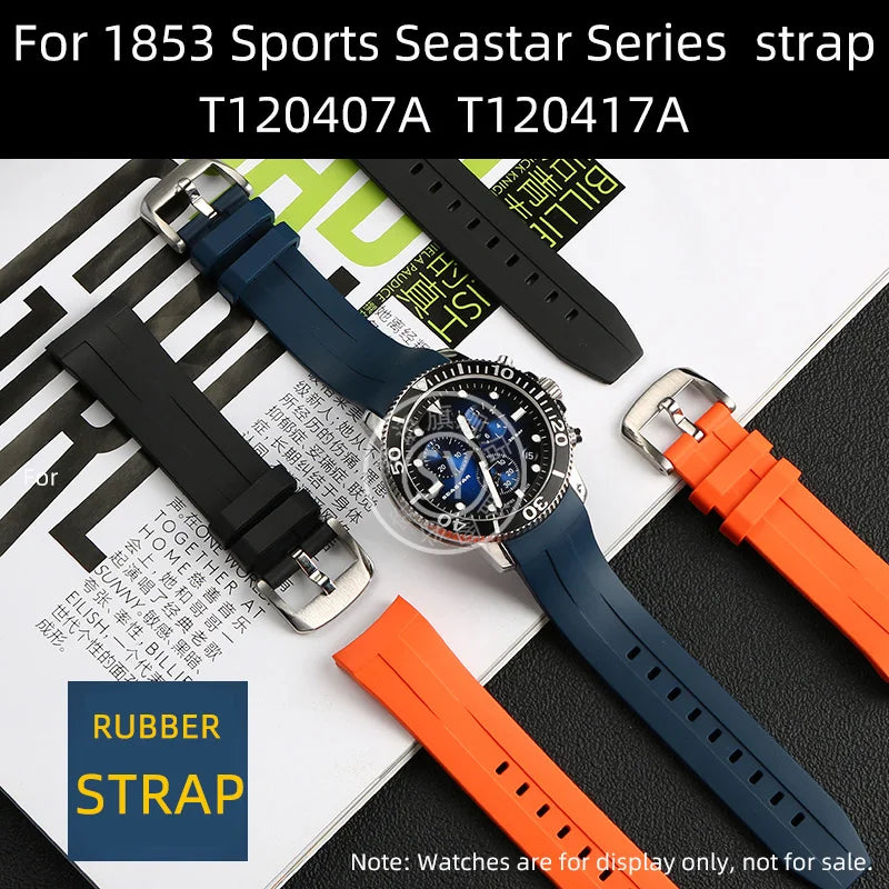 Rubber watch strap with curved interface, for Tissot 1853 Sports Starfish Seastar T series, 1853 120407 A T 120417 A 21mm 22mm strap