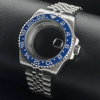 Nouveau 40.5mm GMT fit NH-34 boîtier en argent lunette peut tourner dans les deux directions saphir boîtier de montre étanche pièces de montre accessoires