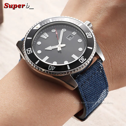 Bracelet de montre en nylon et toile de denim à dégagement rapide 20mm 22mm, bracelets universels en cuir pour Omega et Seiko avec fermoir métallique
