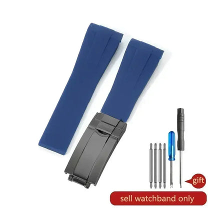 High-quality silicone watch strap in colorful styles (black, green, red, blue, white), with a curved interface for Rolex Datejust Submariner straps.