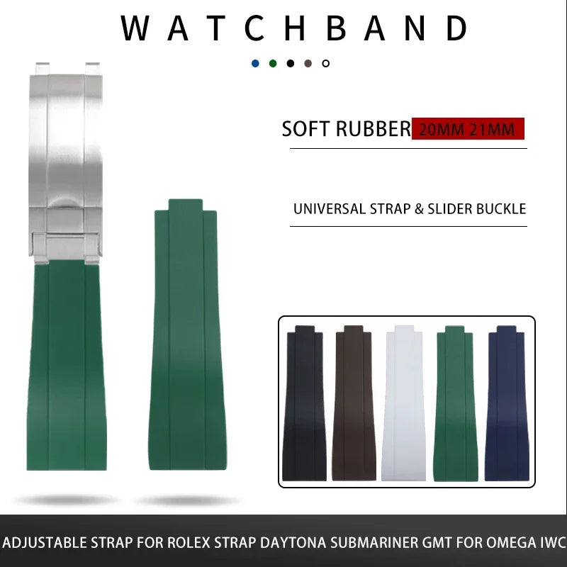 Bracelet de montre réglable en caoutchouc, 20mm 21mm, pour Rolex, Daytona Submariner GMT SEAMARSTER OYSTERFLEX, boucle coulissante pour Omega/Tudor