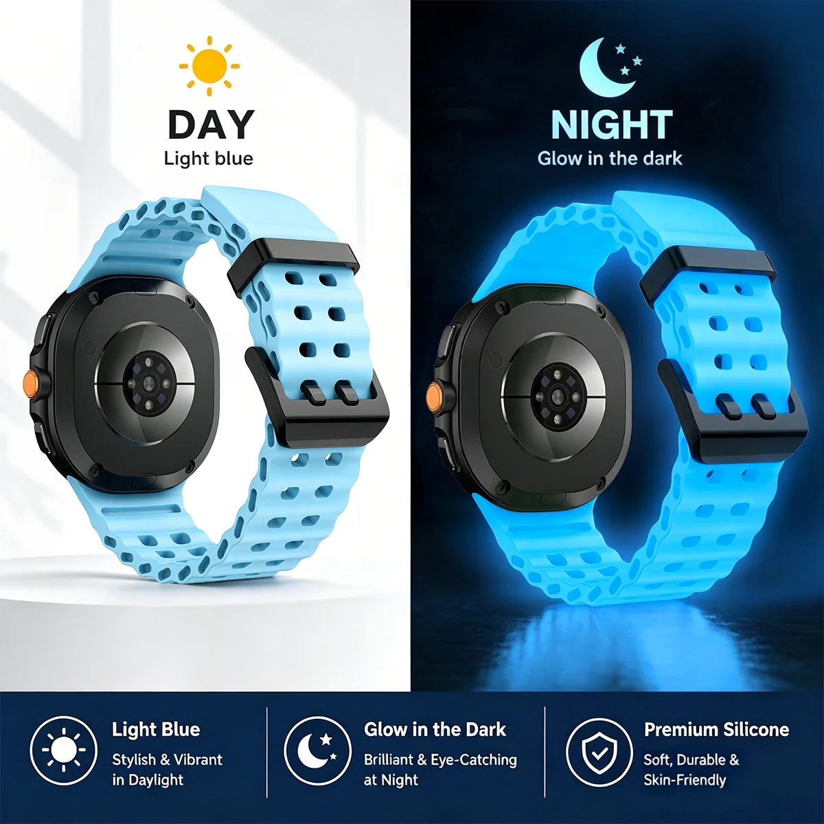 Cinturino per orologio sportivo luminoso in silicone Ocean per Samsung Galaxy Watch 8 9 40/44 mm 8 Classic 46 mm, cinturino di ricambio unisex