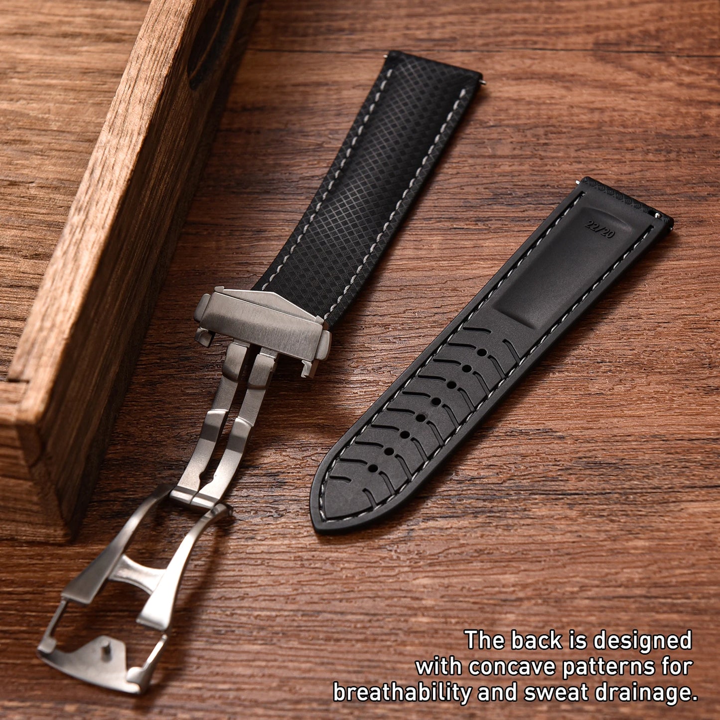 OZE Bracelet montre en Caoutchouc fluorocarbone - Surpiqures / Motif Racing - Déployante - Universel