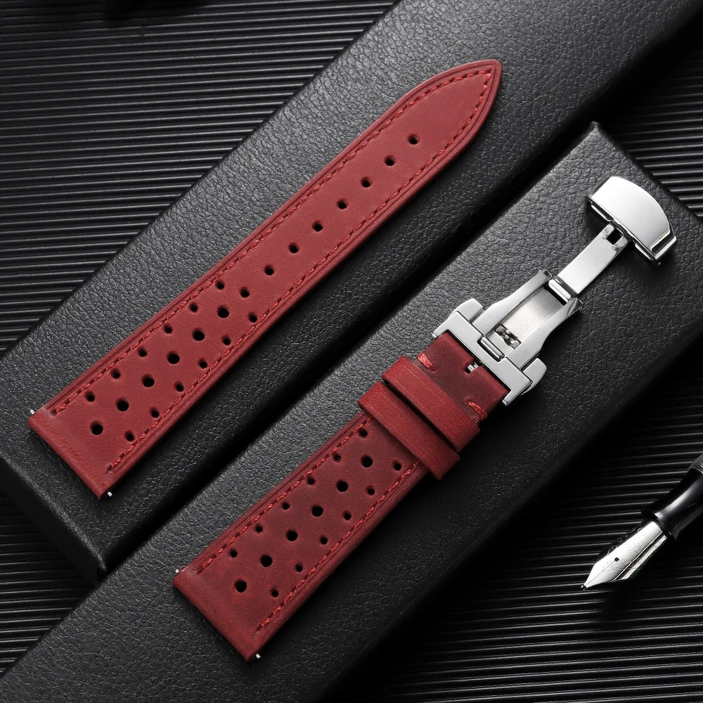 Bracelet de montre vintage de course à dégagement rapide, marron, respirant et poreux, 18mm 19mm 20mm 21mm 22mm 24mm, avec boucle papillon