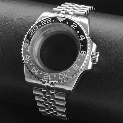 Nouveau 40.5mm GMT fit NH-34 boîtier en argent lunette peut tourner dans les deux directions saphir boîtier de montre étanche pièces de montre accessoires