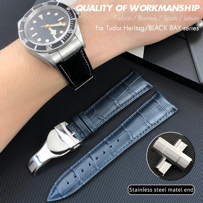 Curved End Genuine Leather Watch Strap, Crocodile Pattern Cowhide Metal Link for Tudor Black Bay 1958 20mm 22mm, Watch Band Tools