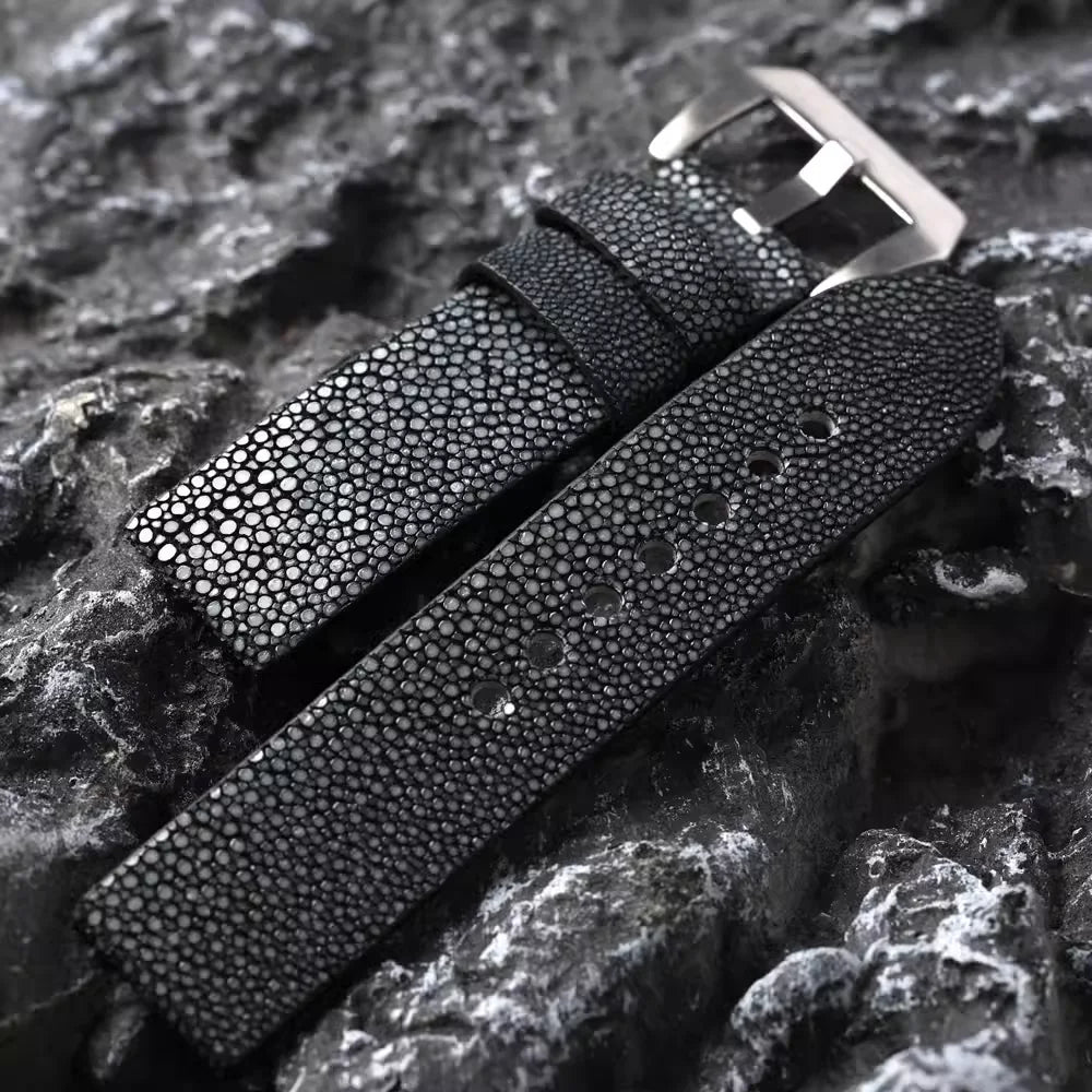 Handmade Men's Beaded Fish Leather Watch Accessory Bracelet, Black, Grey, Soft and Wear-Resistant, 20mm, 22mm, 24mm
