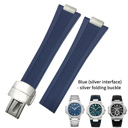 Correa de reloj de caucho y silicona, forma cóncava, 25mm 13mm, adaptada a PATEK PHILIPPE Nautilus PP, negro, azul, marrón, cierre desplegable