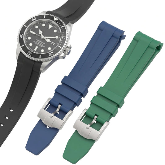 20mm Curved End Soft Silicone Rubber Watch Strap, Black, Green, Blue, for Diving
