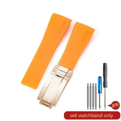 High-quality silicone watch strap in colorful styles (black, green, red, blue, white), with a curved interface for Rolex Datejust Submariner straps.
