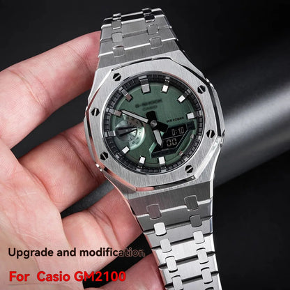 GM-2100 Metal Case Bracelet for Casio Oak Watch | Farmhouse Oak Mod Accessories | Replacement Bezel and Band Set (Silver/Black/Gold)