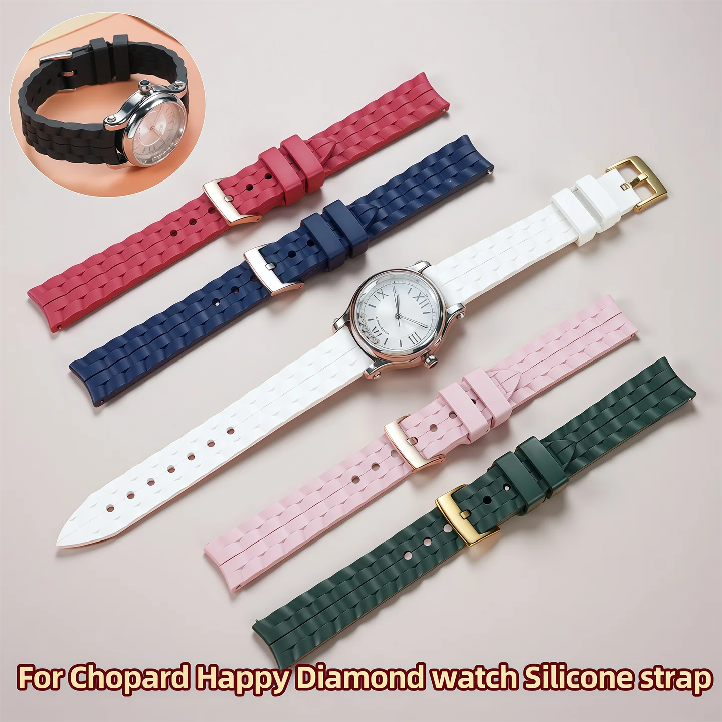Montre Chopard Happy Diamond avec bracelet en silicone pour femme, bracelet de montre en caoutchouc étanche 15mm 18mm