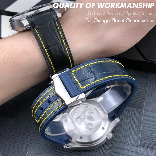 Cinturino per orologio in gomma e pelle, 19mm 20mm 21mm 22mm, per Omega Seamaster 300 Planet Ocean 600, nero, arancione, giallo, verde, in silicone
