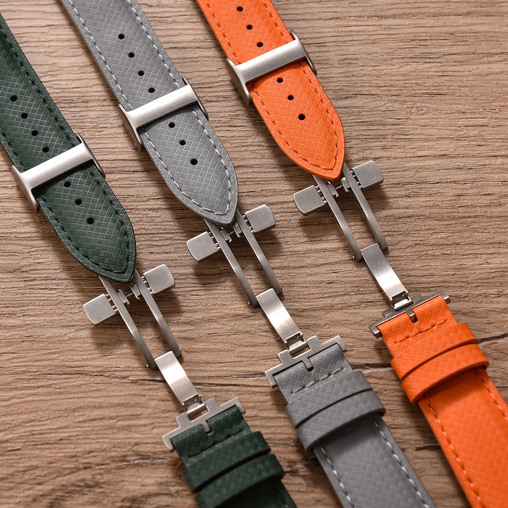 STAPELP – Fabric Sailcloth Strap, 18mm, 19mm, 20mm, 22mm, Top FKM + Leather Base, Textured Rubber Watch Straps, Quick Release Pin Buckle