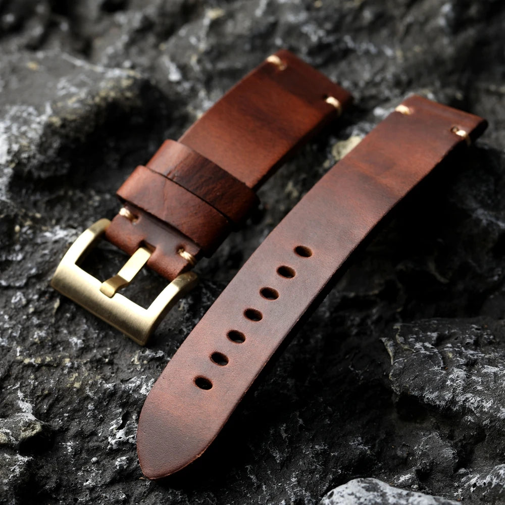Bracelet en cuir de vache marron avec boucle en Bronze pur chromé cxl fait à la main, 20MM 22MM 24MM 26MM, bracelet épais pour montre en Bronze de Style Vintage