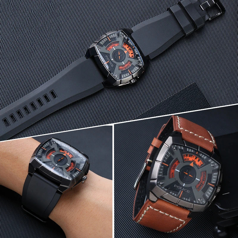 Cowhide Leather Watch Strap for Bell & Ross Series, Silicone Strap, POLICE Watch Strap, PL14796, PL15472, B & R suréWer, Male, BR01, BR03
