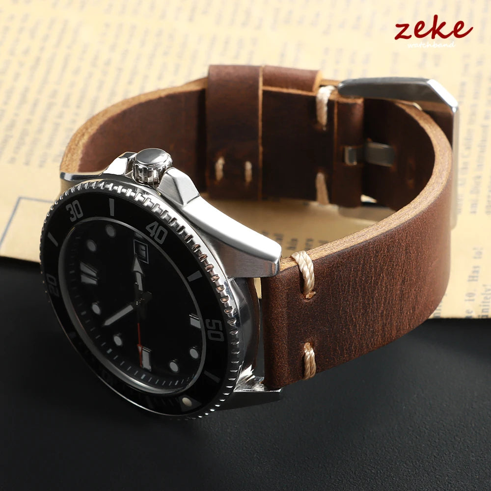 Hand-stitched cowhide leather watch strap, vintage business style, 18mm, 20mm, 22mm, 24mm, 26mm, soft leather strap for men