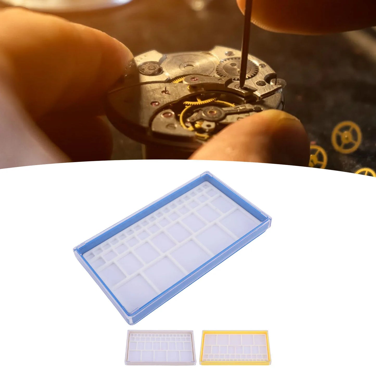 Boîte de rangement pour pièces de montres, pour horlogers, vis de bijouterie, outils de réparation de montres, plateau de rangement en plastique pour pièces de montres