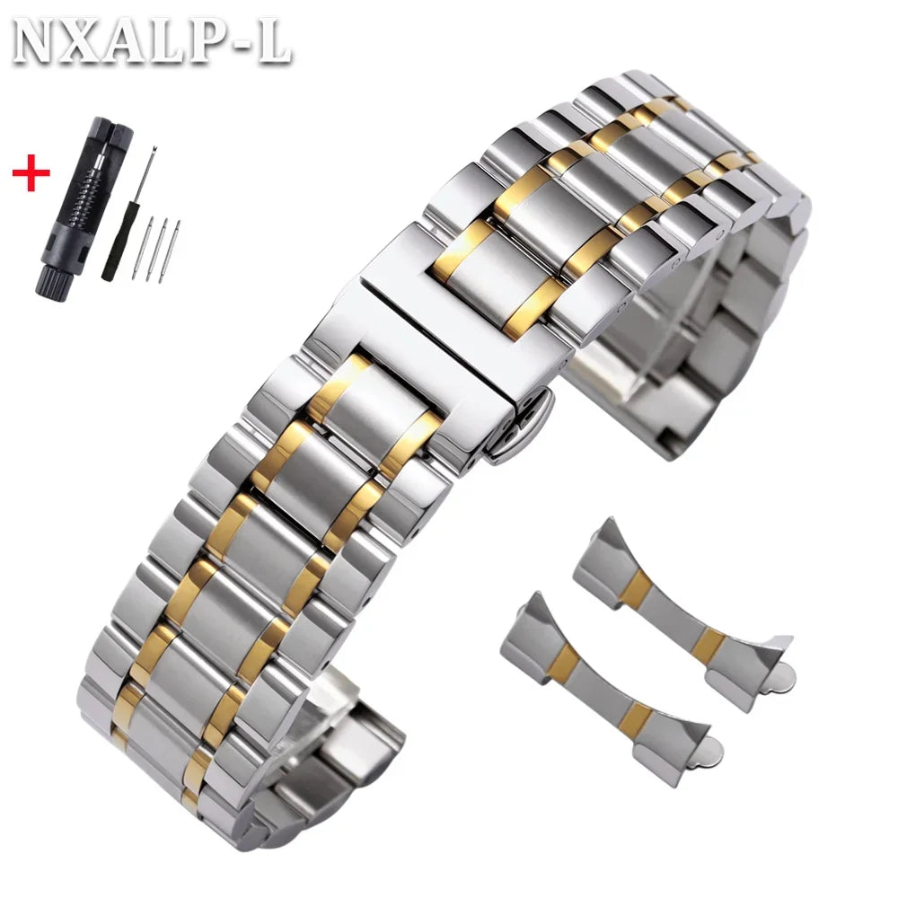 Curved End Stainless Steel Watch Bracelet Butterfly Clasp, Solid Metal Universal Watch Band 12/13/14/15/16/17/18/19/20/21/22/23/24mm