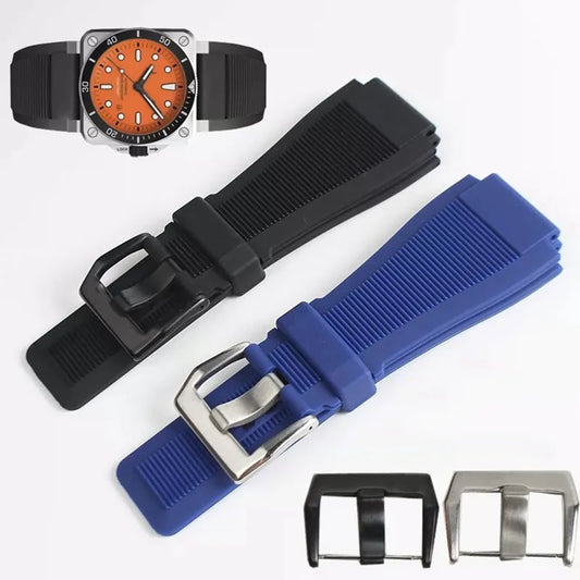 Cinturino per orologio in gomma siliconica, bocca convessa nera resistente 24mm, fibbia ad ardiglione blu, logo, adatto per orologio Bell Ross BR01 BR03, vendita in stock