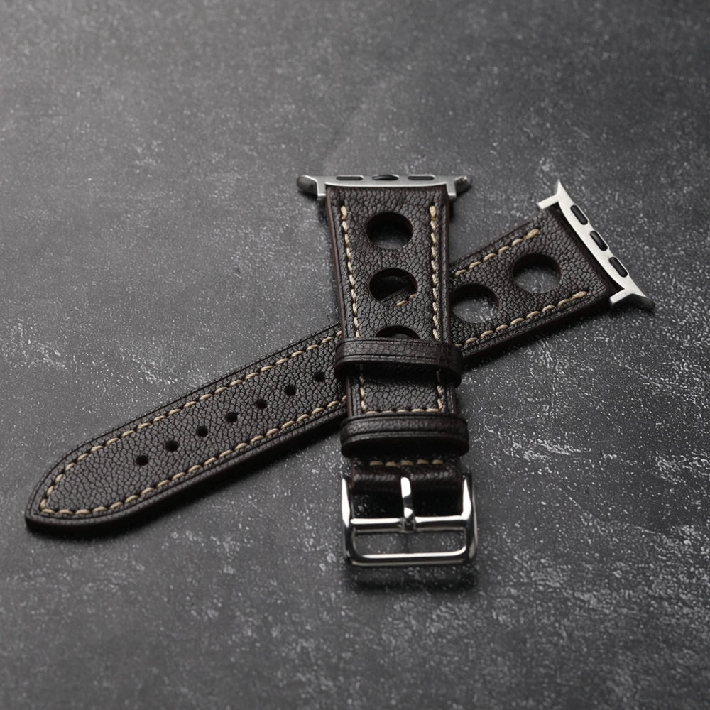 Handmade Breathable Leather Strap for Apple Watch S10 Ultra 2, Brown, Black, Goatskin, 46mm, 45mm, 49mm