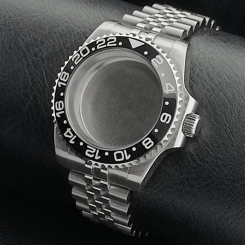 Nouveau 40.5mm GMT fit NH-34 boîtier en argent lunette peut tourner dans les deux directions saphir boîtier de montre étanche pièces de montre accessoires