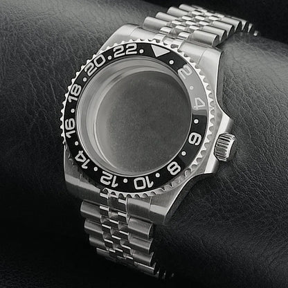 Nouveau 40.5mm GMT fit NH-34 boîtier en argent lunette peut tourner dans les deux directions saphir boîtier de montre étanche pièces de montre accessoires