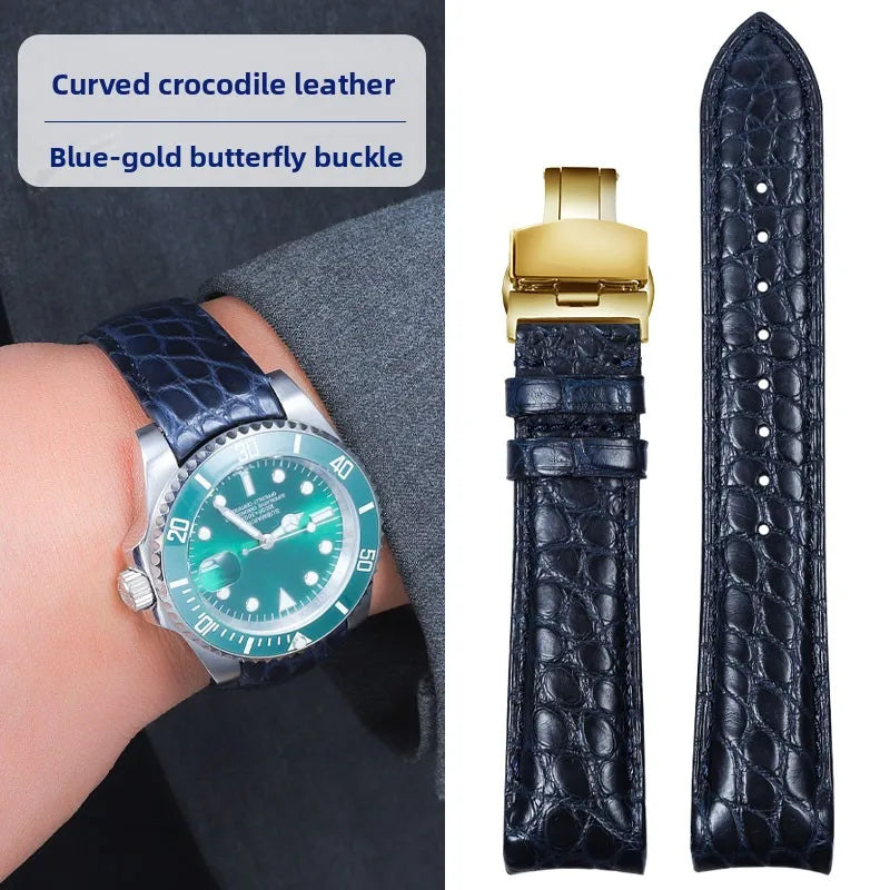 Bracelet de montre incurvé en peau de Crocodile, 20mm 22mm, pour Rolex Omega Tissot IWC Seiko, Bracelet en cuir véritable souple pour hommes