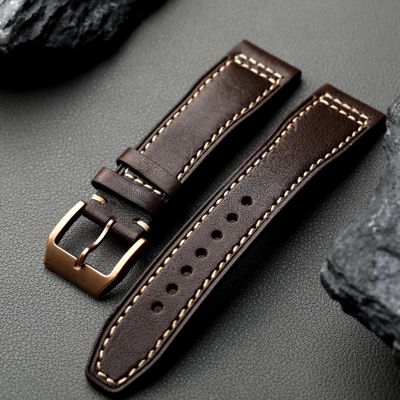 Handmade Bronze Buckle Bracelet, 20MM 21MM 22MM Black Brown Top Leather, Suitable for Pilot Pure Copper Watch Band