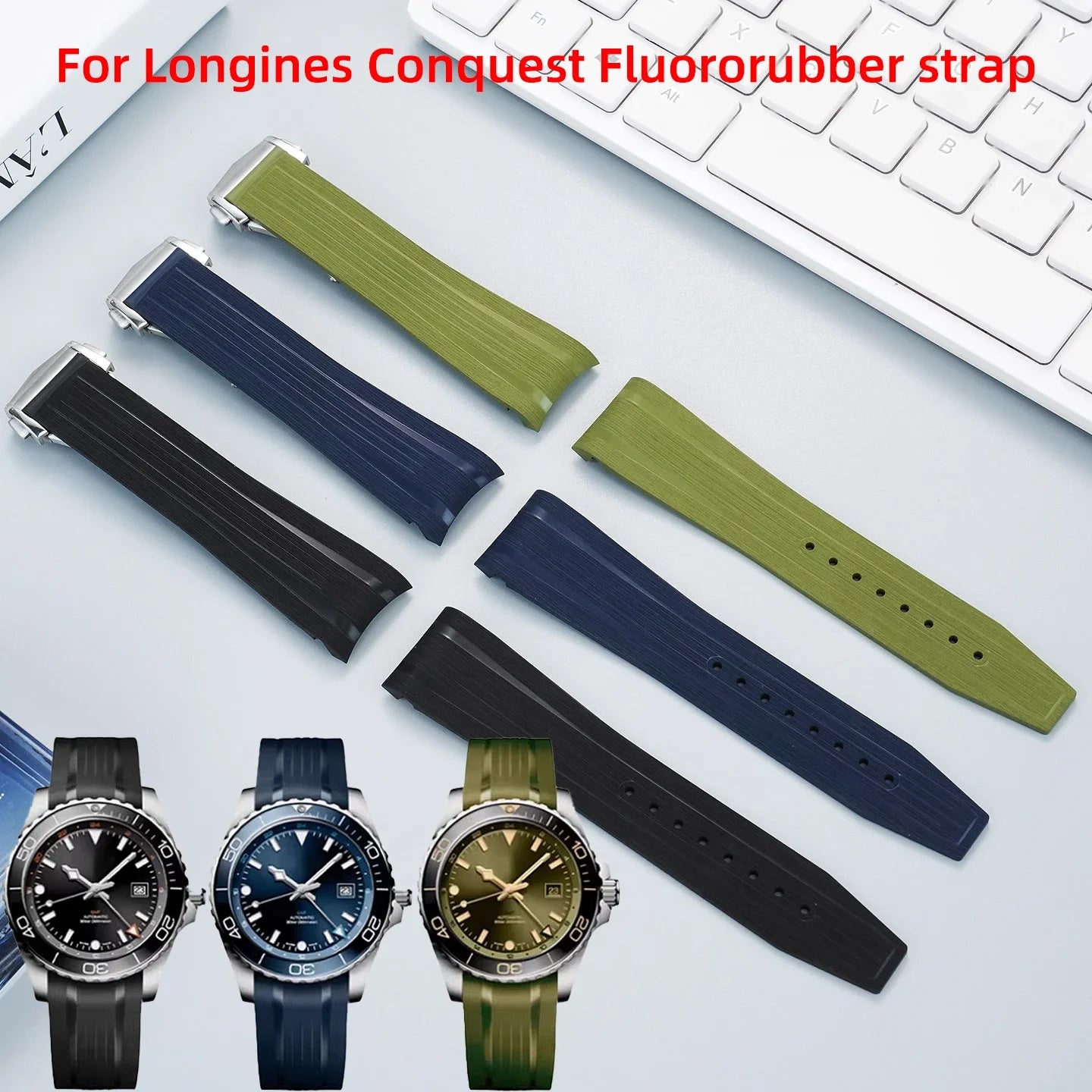 Bracelet en caoutchouc fluoré de haute qualité pour montre Longines Conquest GMT L3.890.4 L3.790.4 L3.830.4 bracelet de montre FKM à extrémité incurvée