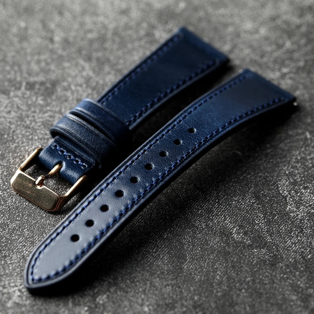 Bracciale in pelle di vacchetta italiana fatto a mano, 18 19 20 21 22 MM nero, cinturino in pelle vintage blu-verde, a sgancio rapido, bracciale morbido da uomo