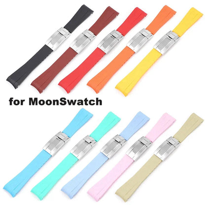 Curved Rubber Watch Strap for Omega x Swatch MoonSwatch, 20mm Folding Clasp for Men and Women, TPU Replacement Band for Rolex Submariner