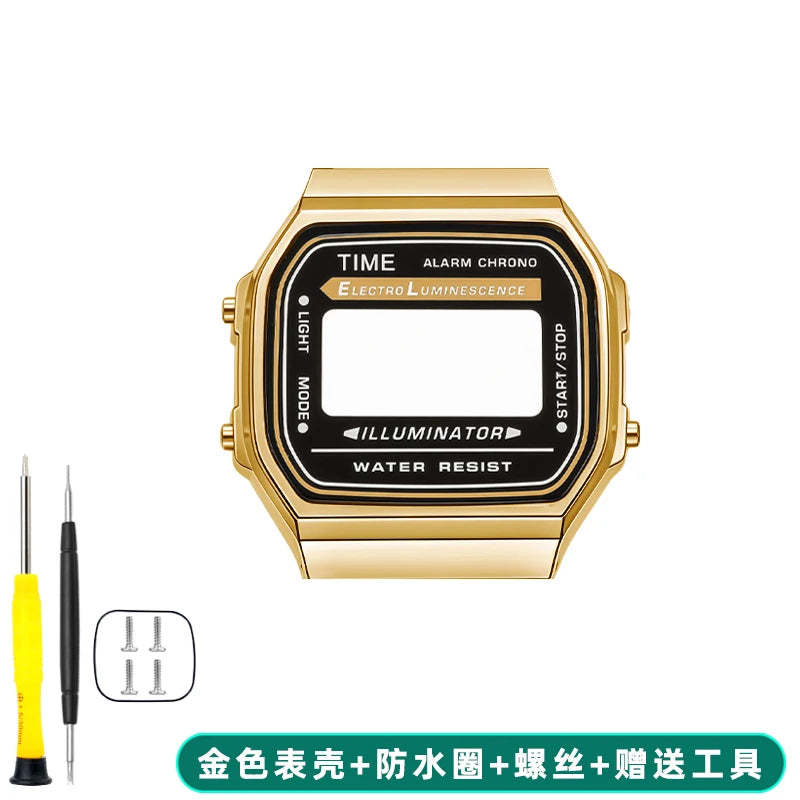 Boîtier de lunette métallique en acier inoxydable + Kit de bracelet pour Casio F91W/A158/A159 – Bracelet de montre et outils de remplacement personnalisés (argent/noir/or)
