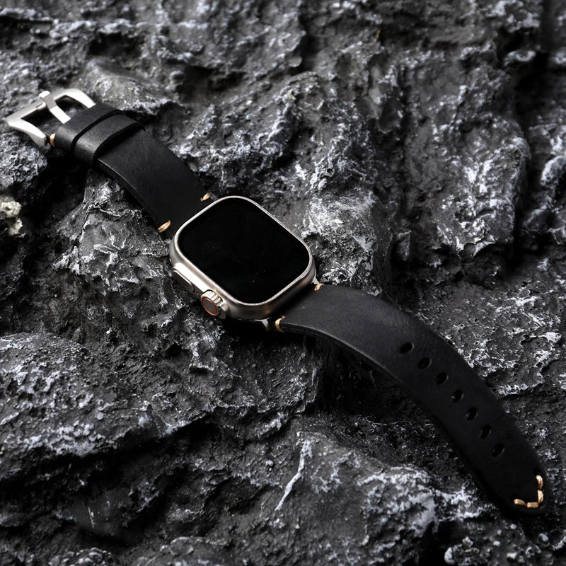 Cinturino per orologio da uomo in pelle bovina fatto a mano per Iwatch, nero e marrone, per Apple Watch 8/7 Ultra, spessore 45 49MM