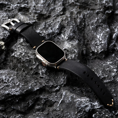 Cinturino per orologio da uomo in pelle bovina fatto a mano per Iwatch, nero e marrone, per Apple Watch 8/7 Ultra, spessore 45 49MM