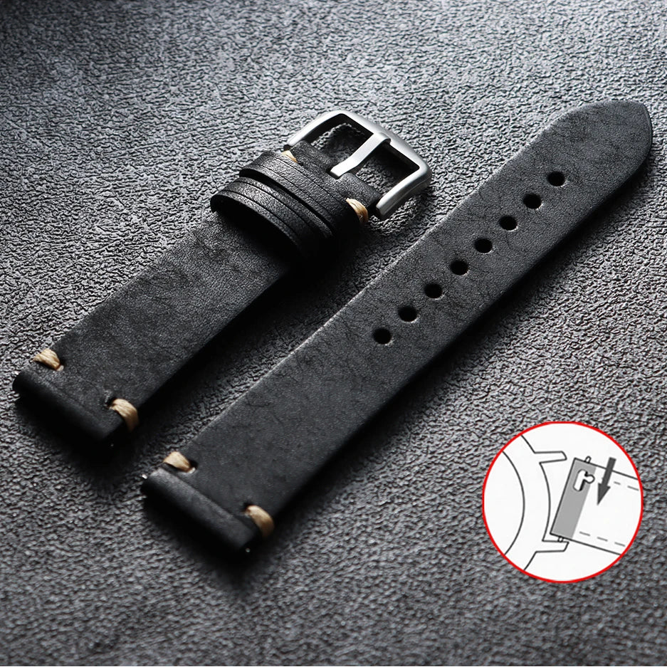 Genuine Bovine Leather Watch Strap - Vintage Style with Quick-Release Fasteners