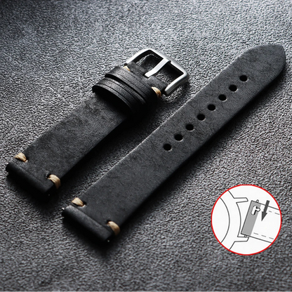 Genuine Bovine Leather Watch Strap - Vintage Style with Quick-Release Fasteners