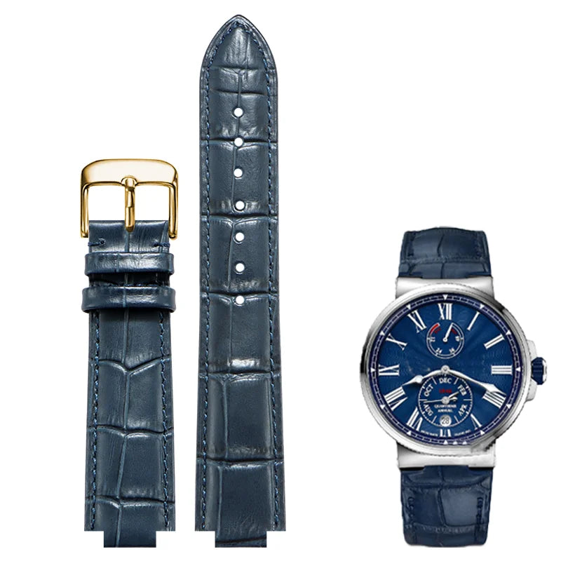 Convex leather watch strap for Ulysse Nardin MARINE 6300 263 6319, men's and women's strap, 24x12MM 26x12MM, blue strap accessory