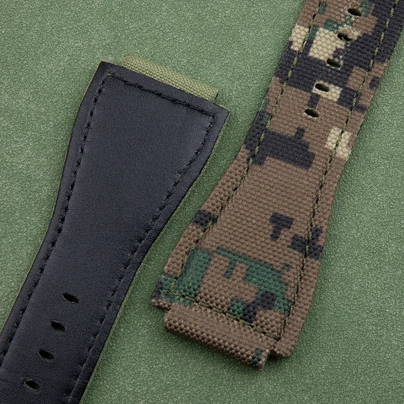 Soft Nylon Canvas Watch Strap, Green Camouflage, 34x24mm, for Bell Bracelet, Suitable for BR01 BR03 Ross, Convex End Pin Buckle