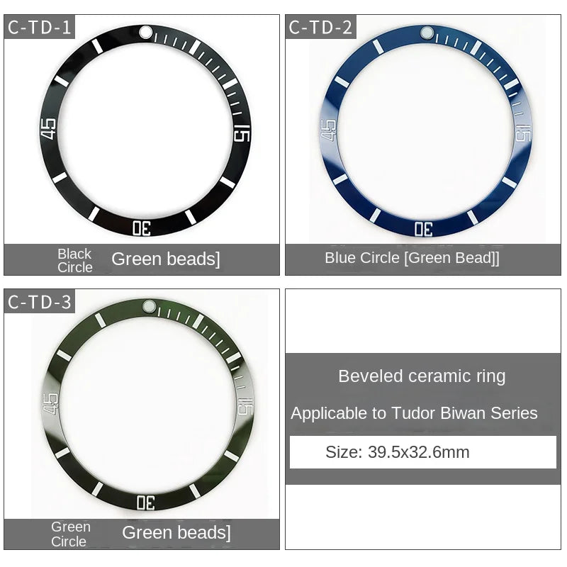 Ceramic watch bezel, 39.5x32.6mm, for Tudor Black Bay, inclined bezel, fitted scale, 12-hour, green luminous pearl, accessories
