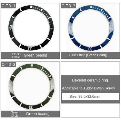 Ceramic watch bezel, 39.5x32.6mm, for Tudor Black Bay, inclined bezel, fitted scale, 12-hour, green luminous pearl, accessories