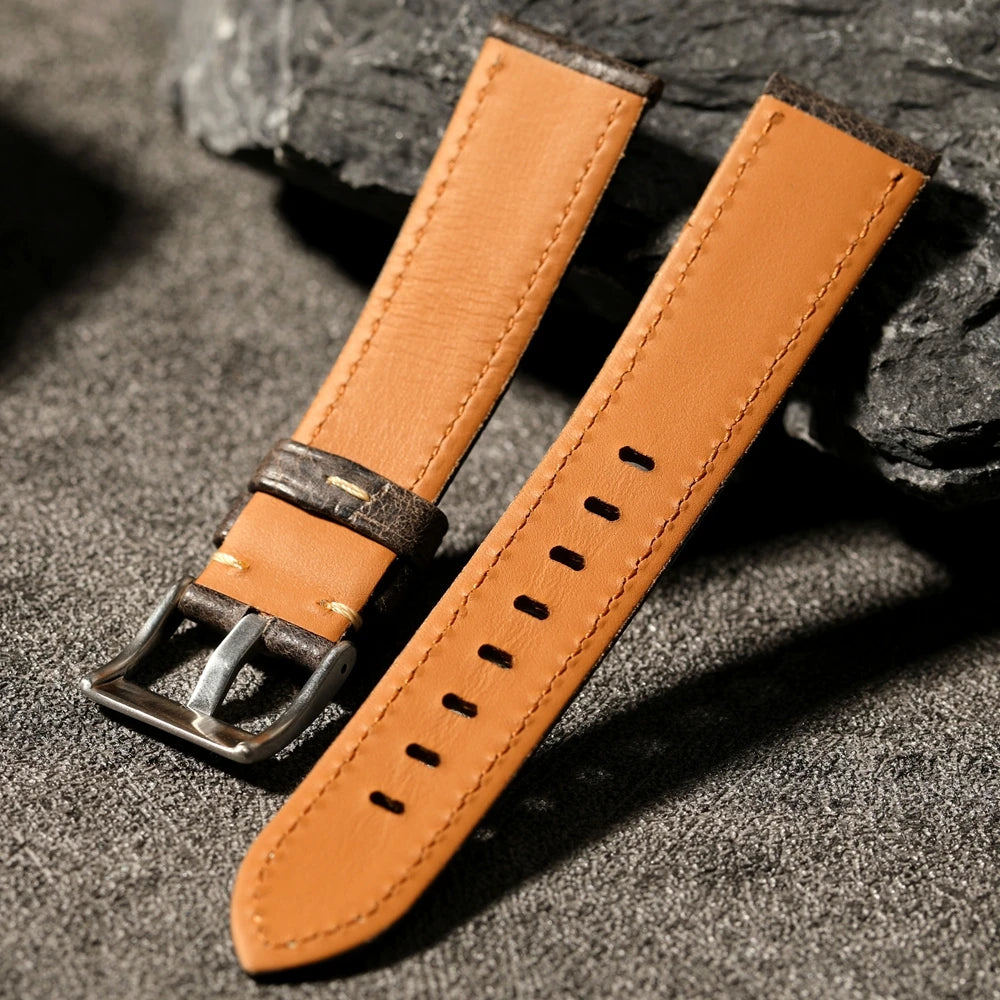 Men's Waxed Leather Watch Strap, Handmade Top Layer, Grey Leather, Italian Leather, High-End, 20mm, 22mm
