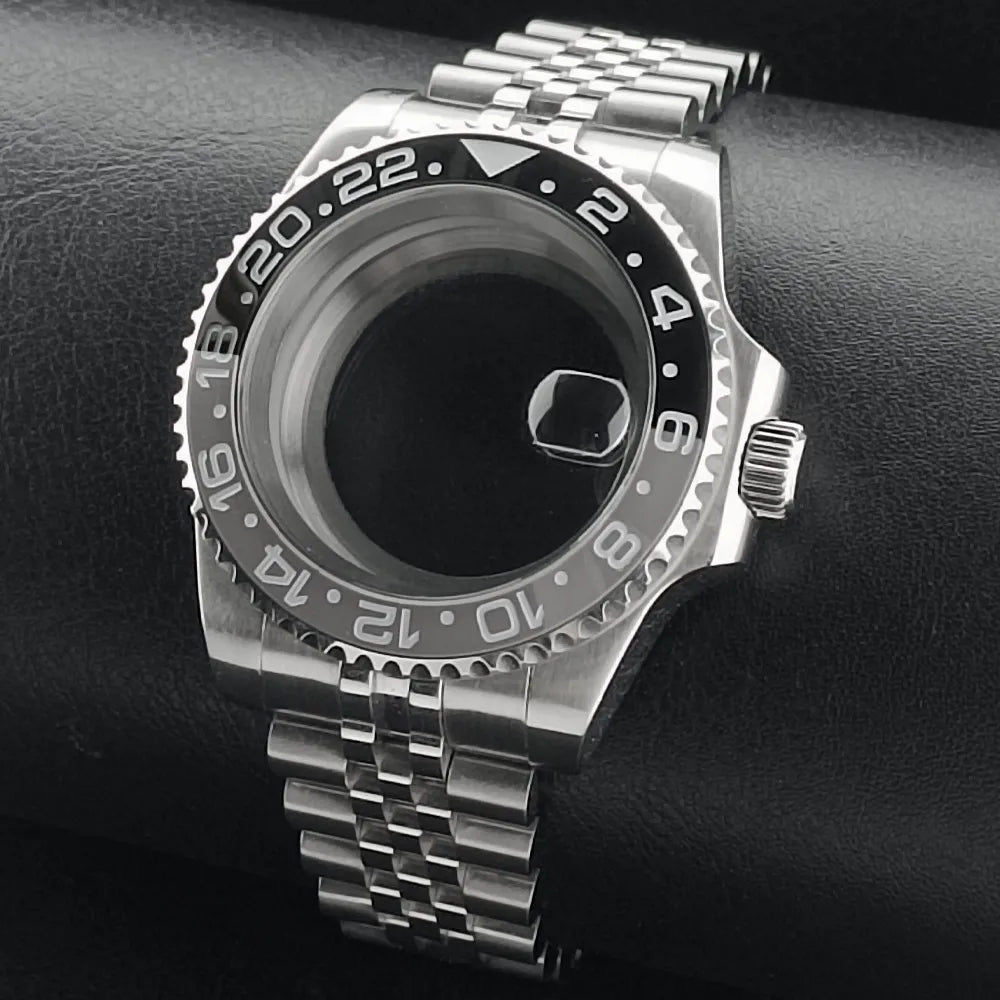 Nouveau 40.5mm GMT fit NH-34 boîtier en argent lunette peut tourner dans les deux directions saphir boîtier de montre étanche pièces de montre accessoires