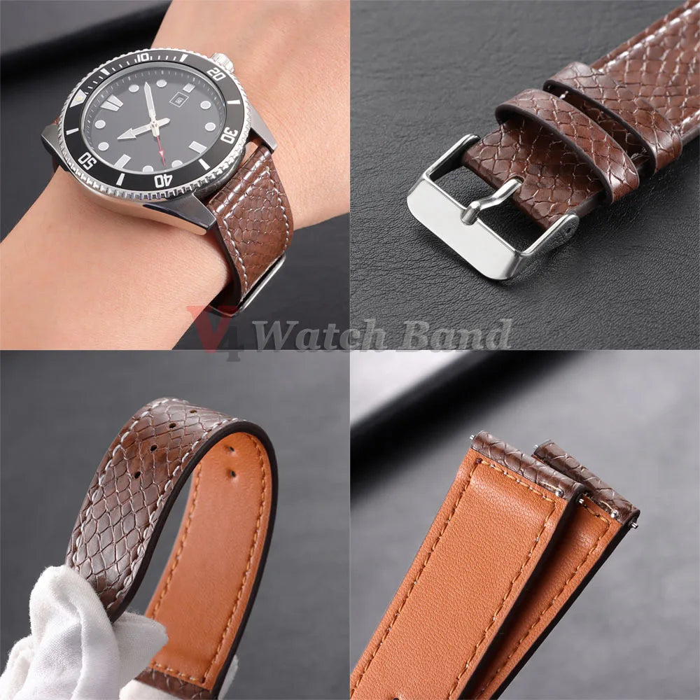 Bracelet de montre vert, noir, marron 20mm 22mm en cuir de serpent avec boucle métallique noire et dorée, ultra-fin, pour affaires