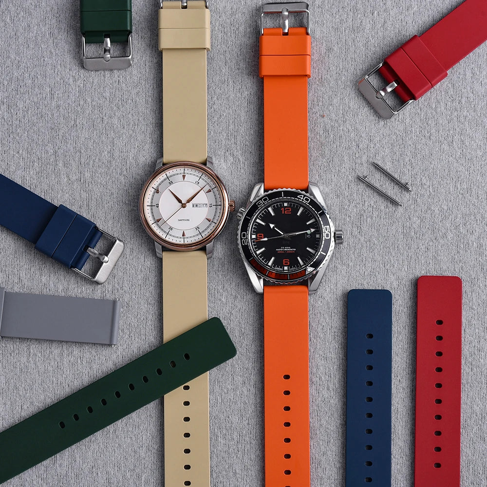 Premium quality smooth flat FKM rubber watch strap 16mm 18mm 20mm 22mm 24mm quick release soft rubber watch straps